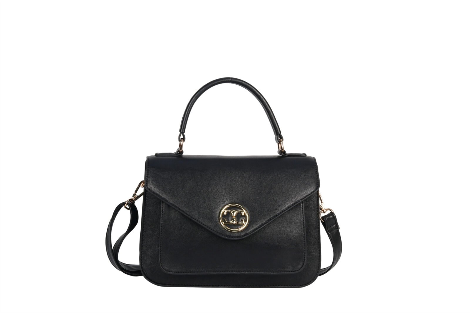 Ladies' black leather handbag, crossbody bag (gold logo)