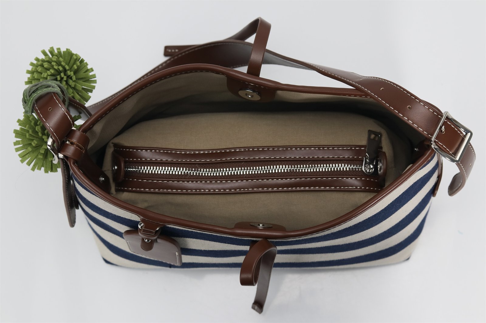 Customized Nautical Striped Canvas Hobo Bag with Matching Pouch and Pom - Pom Charm