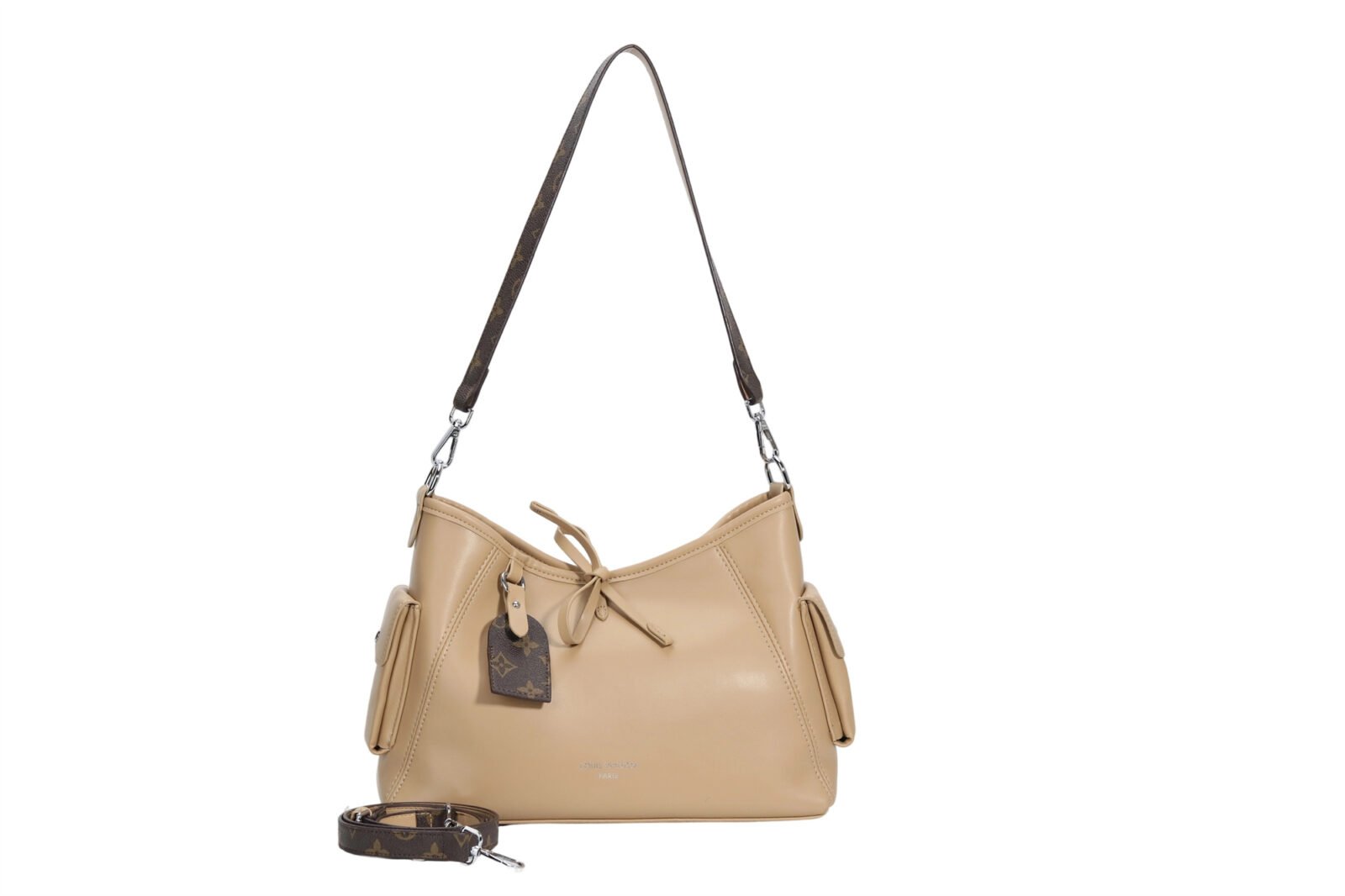 Customized Women's Beige Leather Hobo Bag with Convertible Strap & Logo Charm