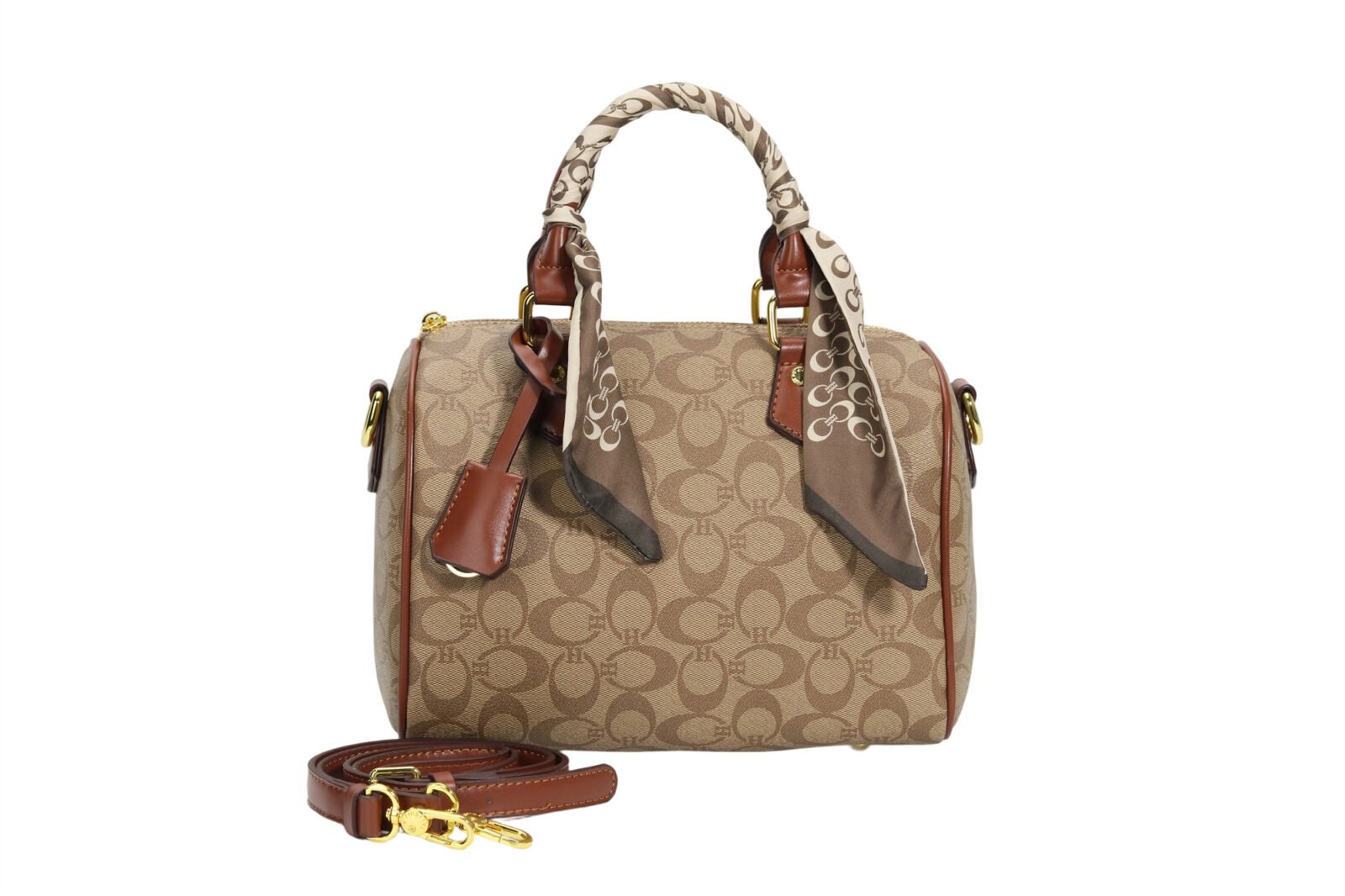Customized Monogram printed women's handbag with scarf details and convertible shoulder straps