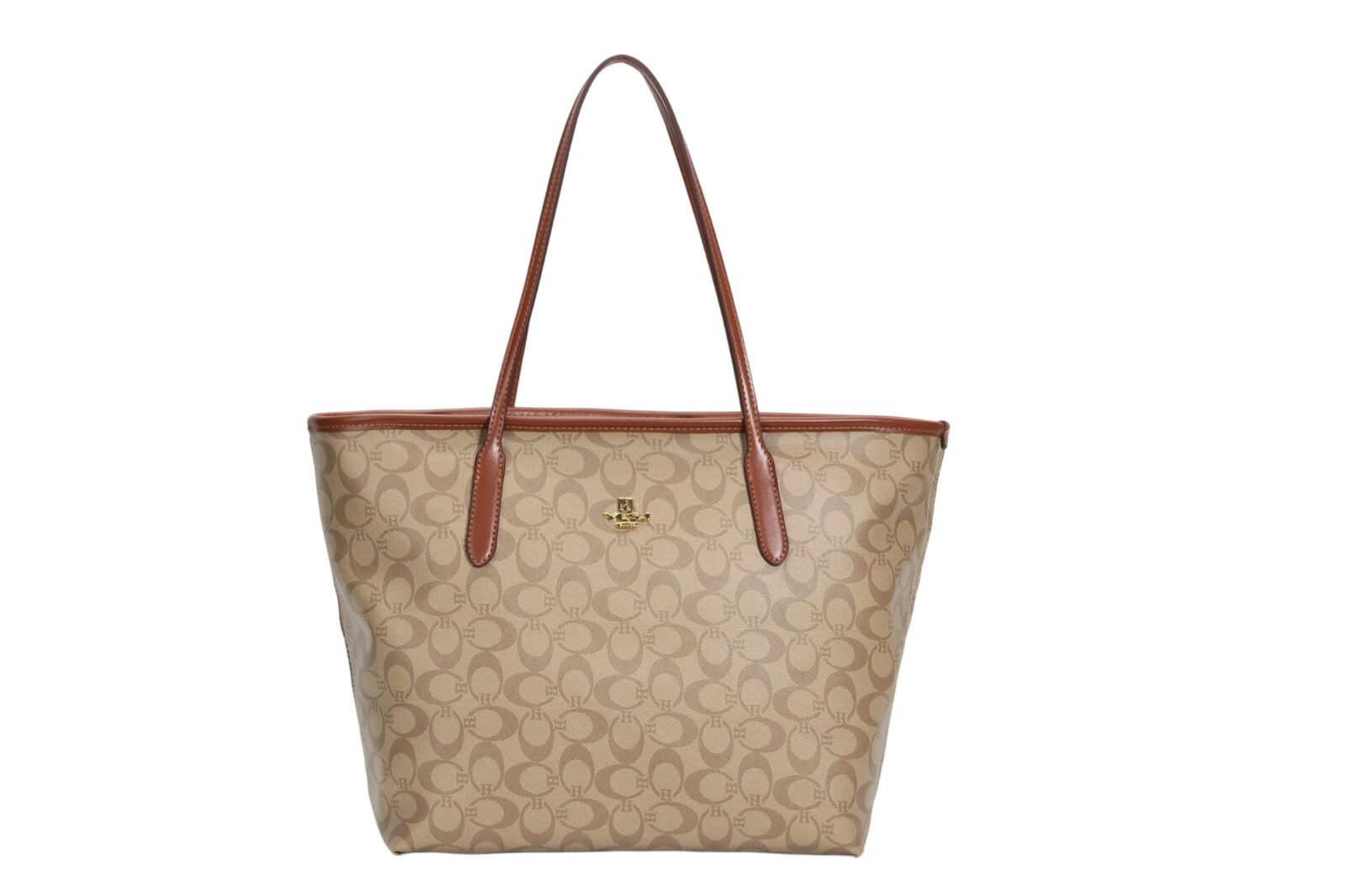 Customized letter pattern women's handbag - beige with brown decoration