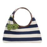Customized Women's Striped Canvas Hobo Bag with Matching Pouch & Pom - Pom Charm
