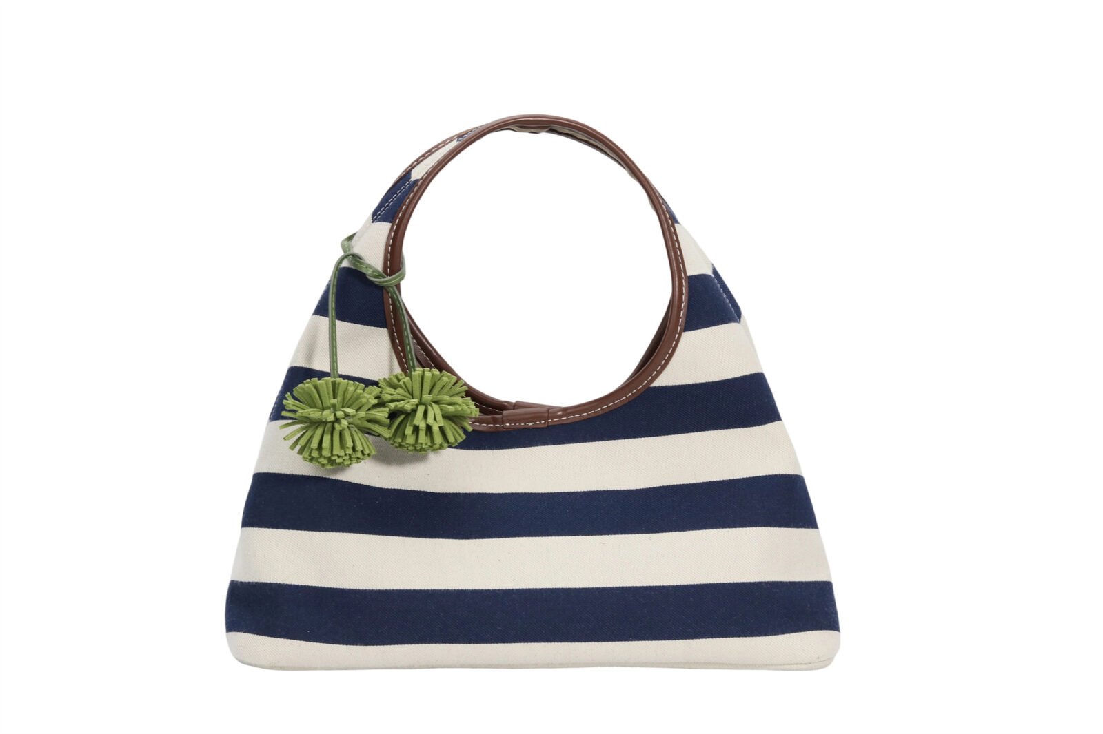 Customized Women's Striped Canvas Hobo Bag with Matching Pouch & Pom - Pom Charm