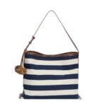 Customized maritime striped canvas handbag with Pom Pom charm women's handbag