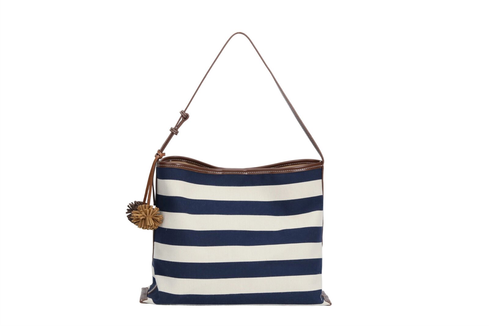 Customized maritime striped canvas handbag with Pom Pom charm women's handbag