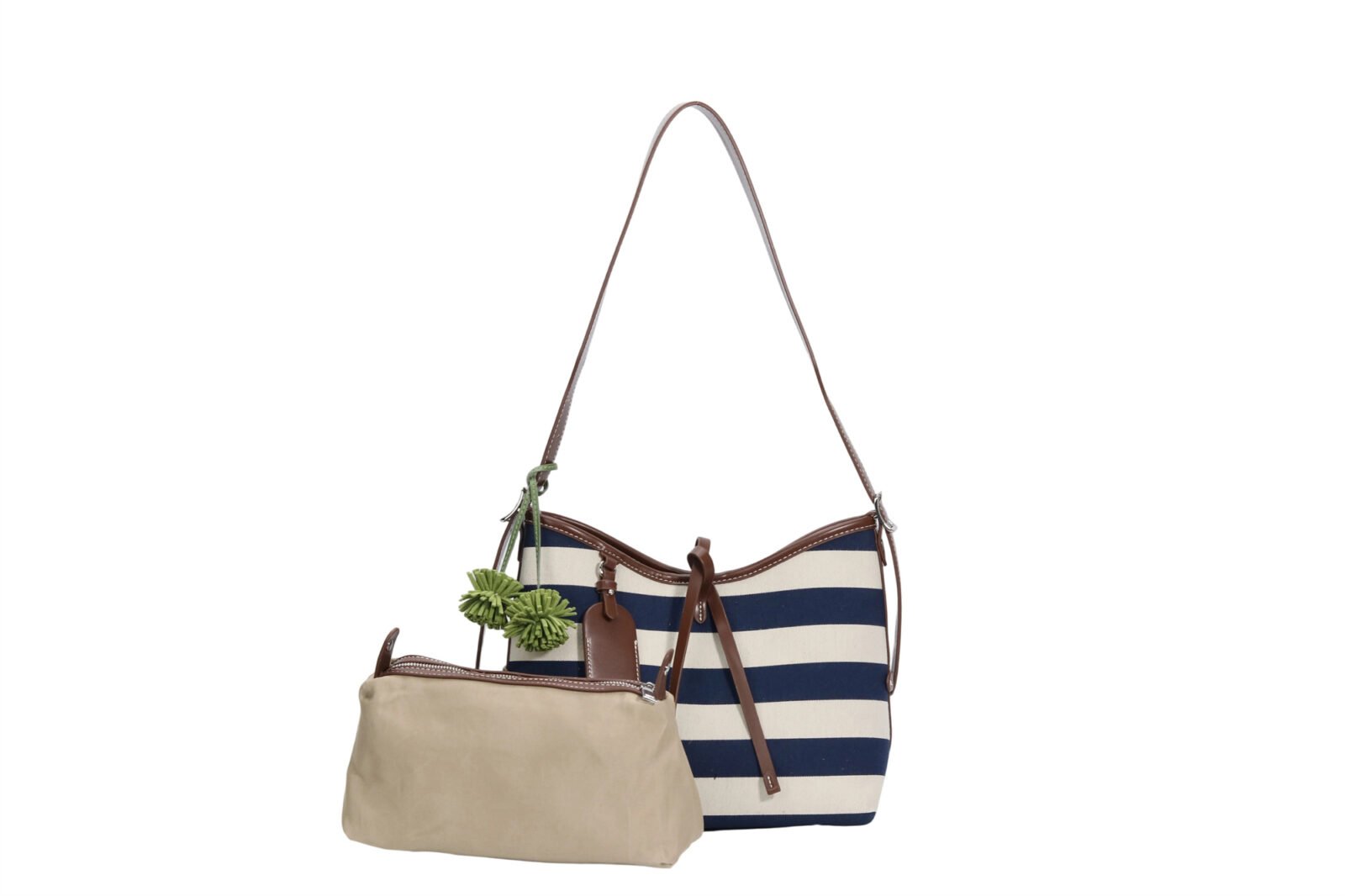 Customized Nautical Striped Canvas Hobo Bag with Matching Pouch and Pom - Pom Charm