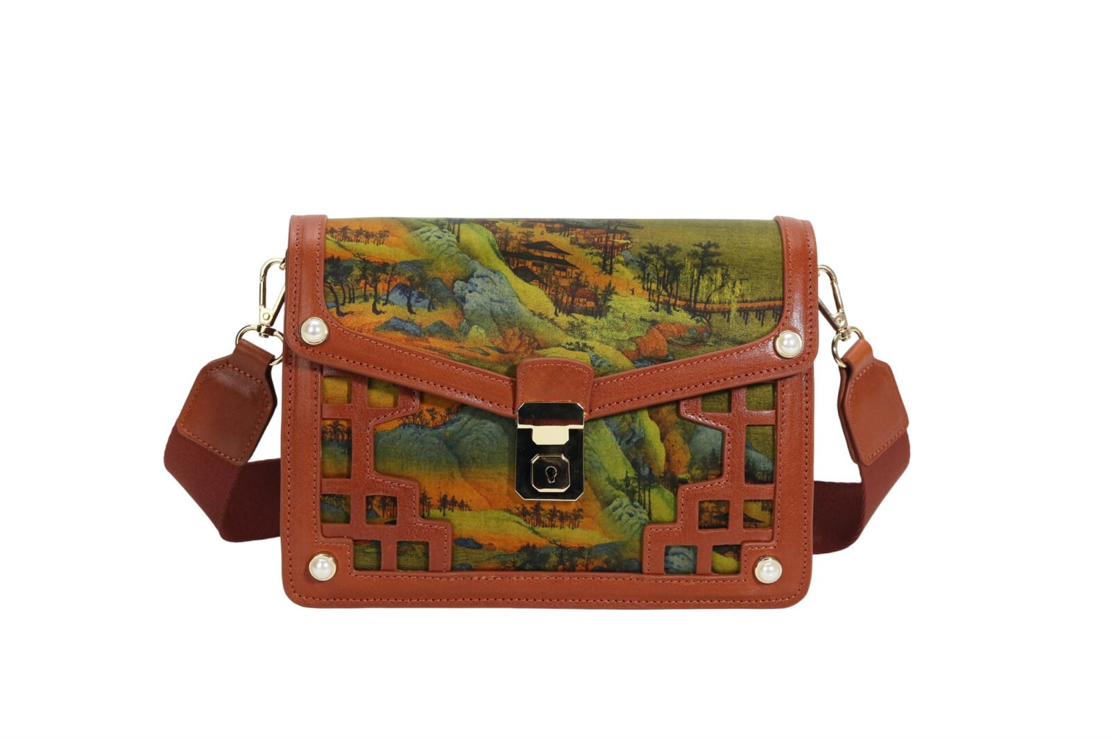 Customized Women's Art - Print Crossbody Bag with Pearl Accents & Metal Lock