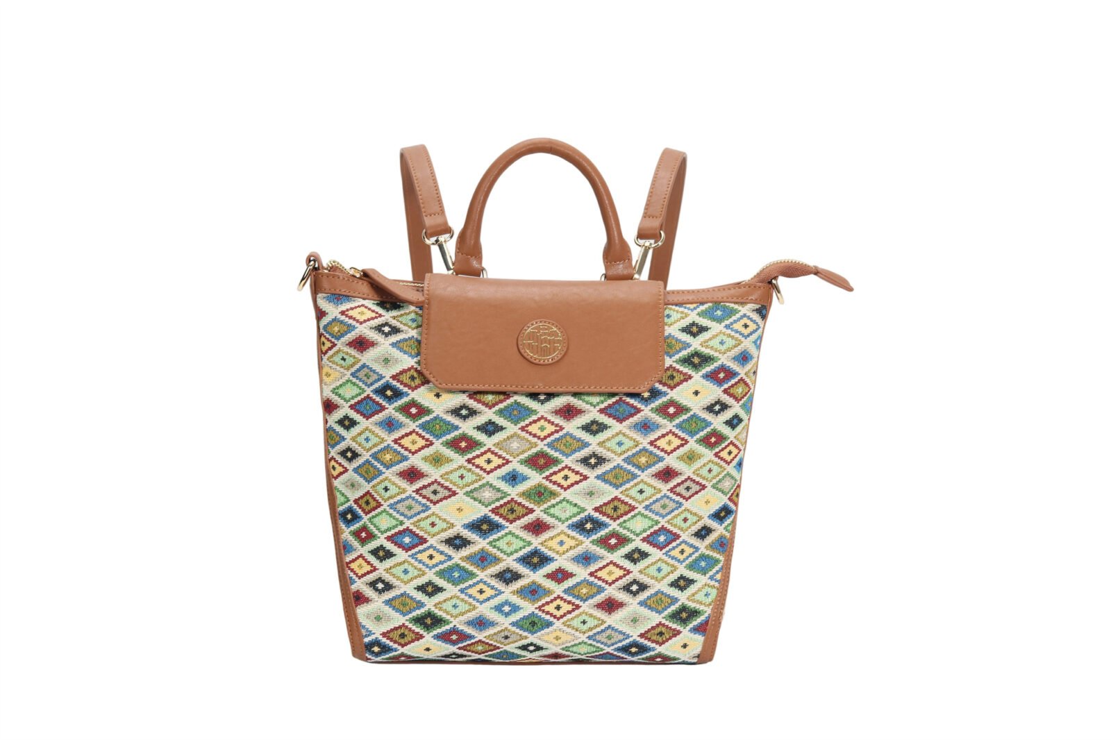 Customized Women's Patterned Convertible Backpack Tote with Leather Accents