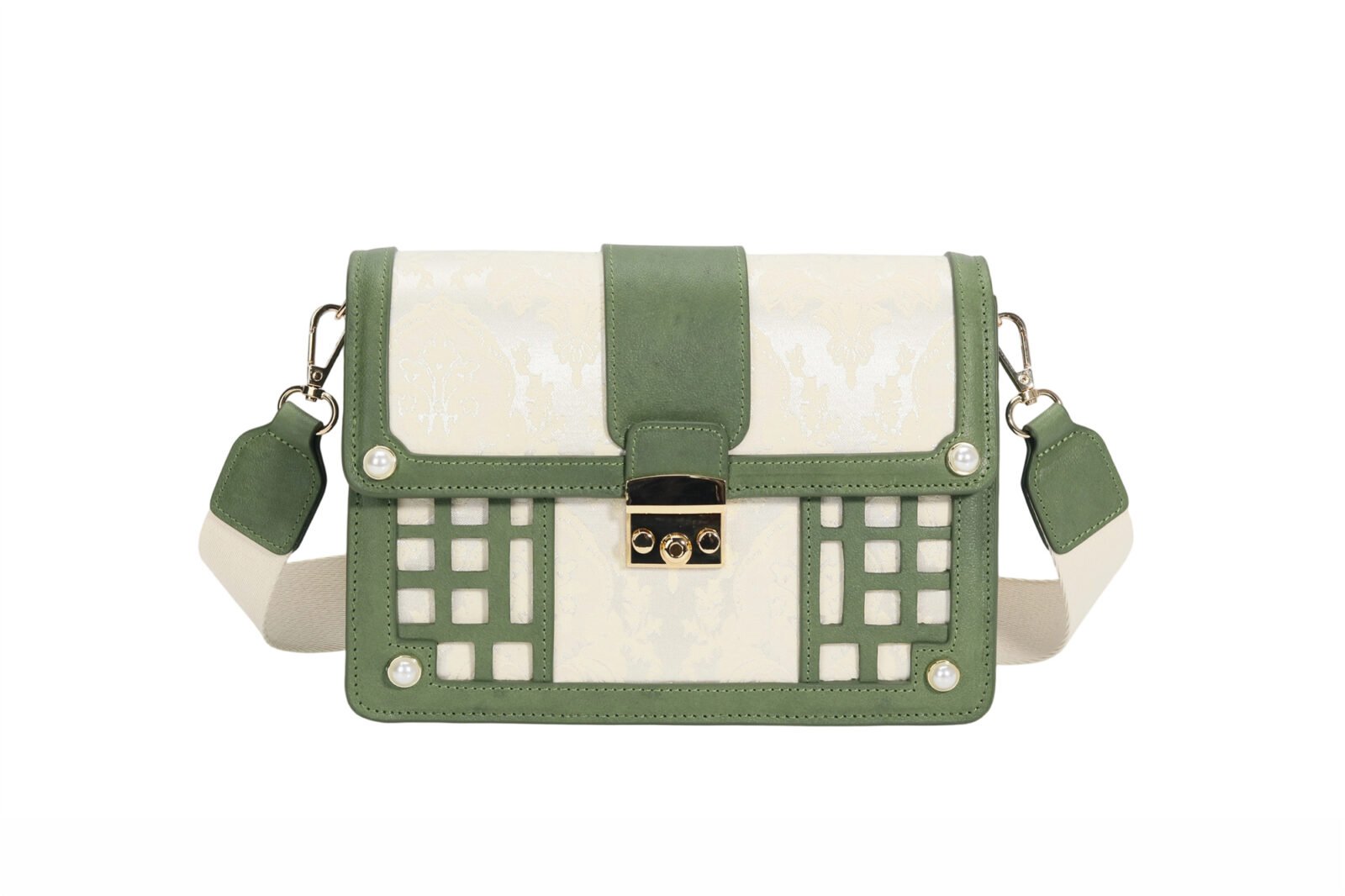 Customized women's contrasting crossbody bag with pearl decoration and metal lock shoulder bag