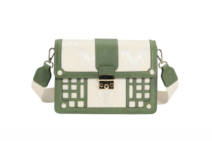 Customized women's contrasting crossbody bag with pearl decoration and metal lock shoulder bag
