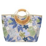 Customized women's floral embroidery rattan handle handbag