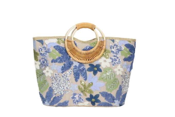 Customized women's floral embroidery rattan handle handbag