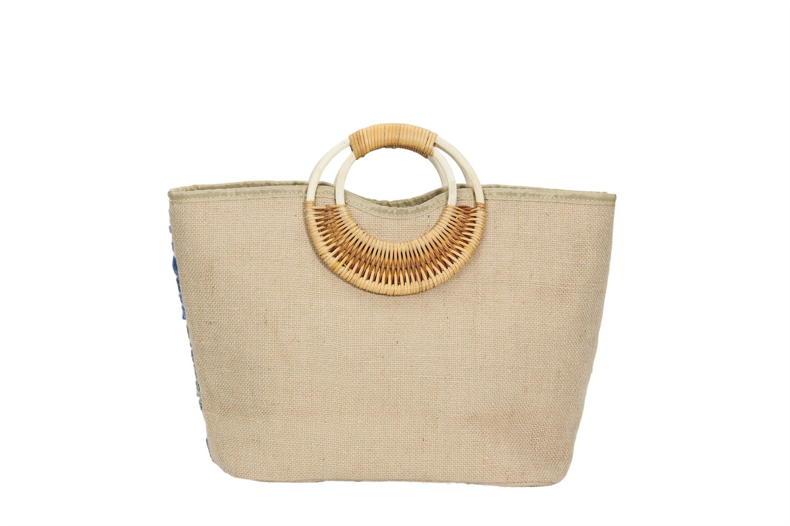 Customized women's floral embroidery rattan handle handbag
