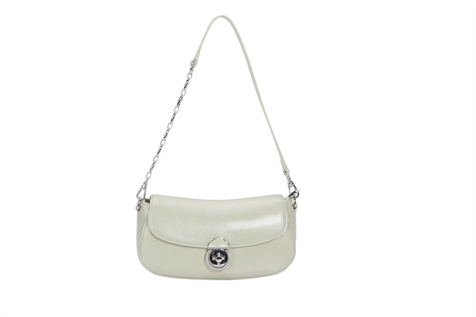 Custom Women's Stylish Beige Shoulder Bag with Chain Accents & Lock Closure