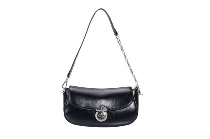 Custom Women's Stylish Beige Shoulder Bag with Chain Accents & Lock Closure