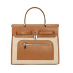 Customized women's beige and brown canvas - leather top bag with backpack - fashionable briefcase