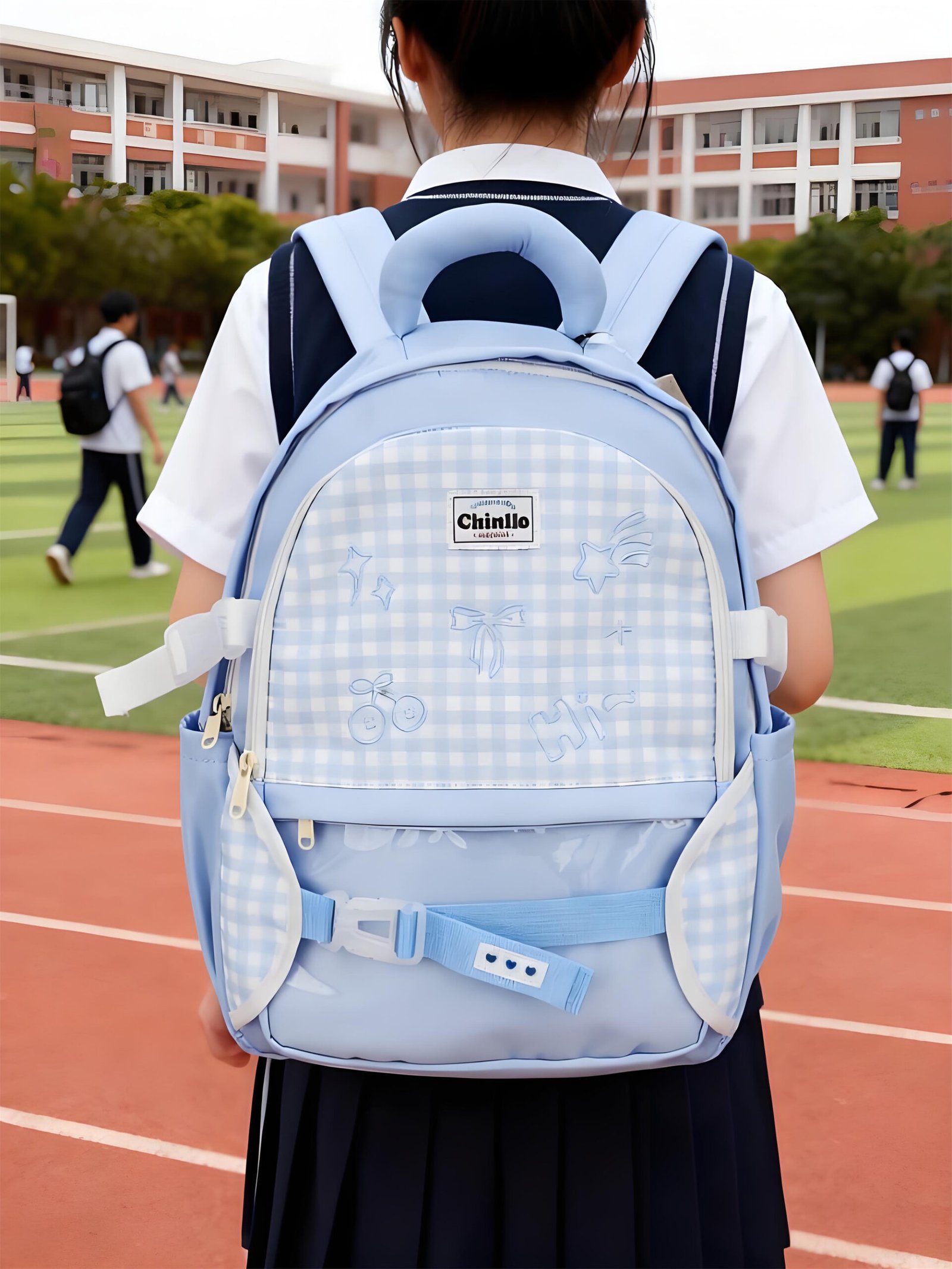 Customized light blue checkered student backpack with cute embroidery details
