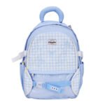 Customized light blue checkered student backpack with cute embroidery details