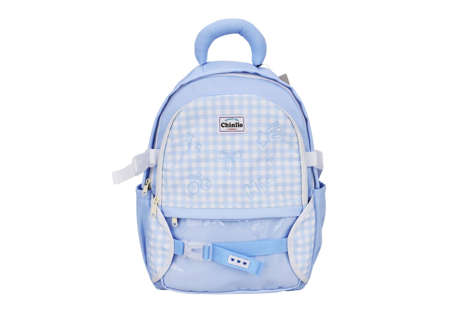 Customized light blue checkered student backpack with cute embroidery details
