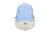 Customized light blue casual backpack with pink decorative strip and mesh style student backpack