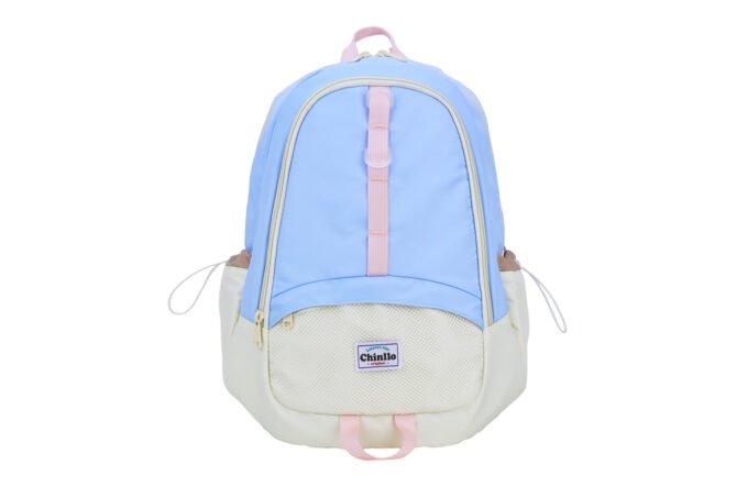 Customized light blue casual backpack with pink decorative strip and mesh style student backpack